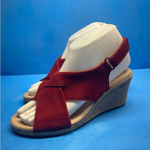 Clarks Red Lafely Alaine Open Toe Sling Back Espadrilles Wedges Heels Womens 6.5